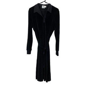 Vintage Butte Collared Belted Long Sleeve Black Velour Shirt Dress Chest 35"
